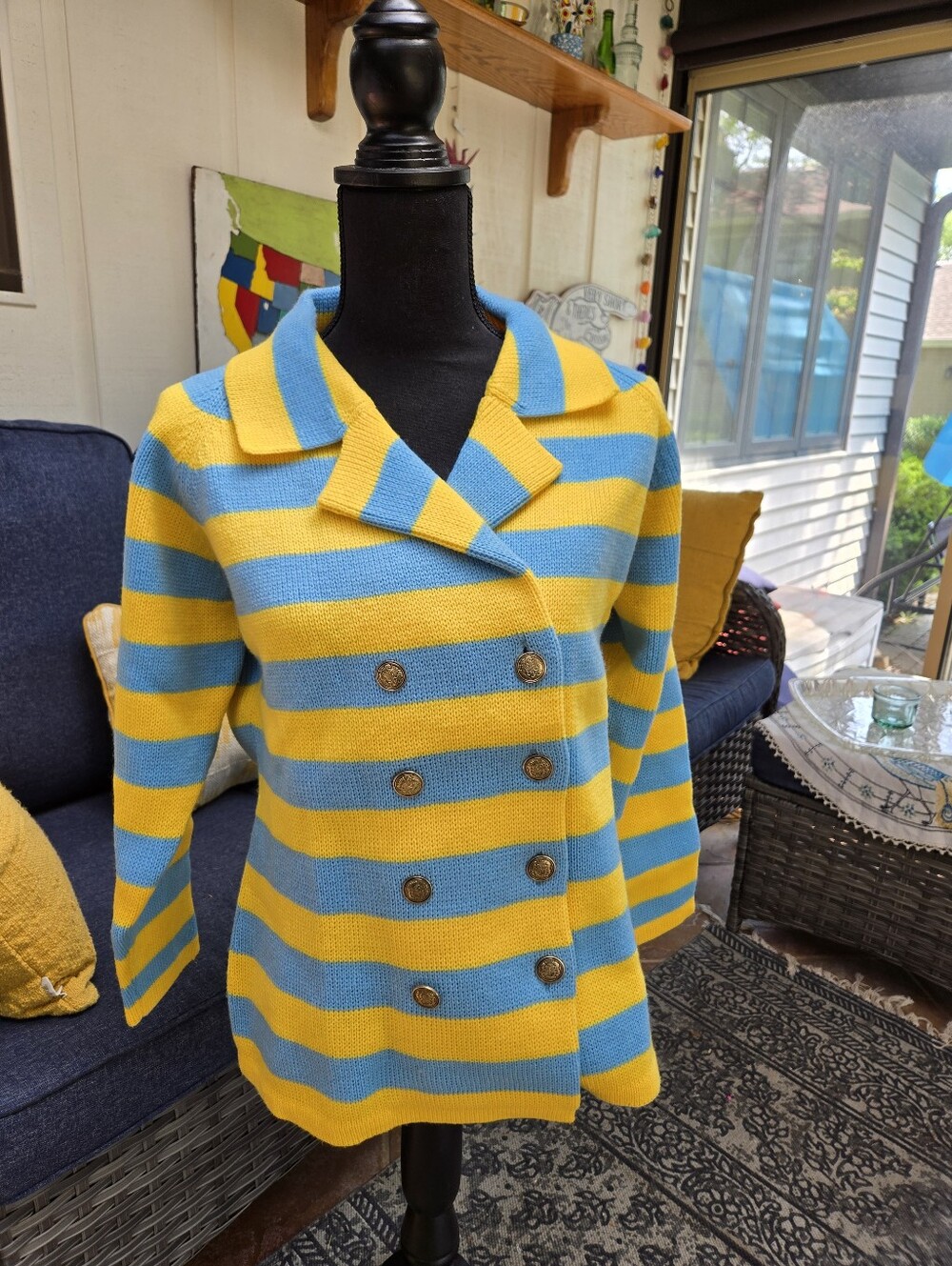 Vintage 60s Yellow And Light Blue Double Breasted Cardigan - Size M